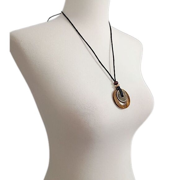 Tigers Eye Necklace Pendant Disc Coin Corded Bohemian Hippie Boho Chic Gypsy - Picture 7 of 16